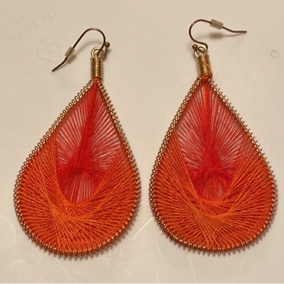 Red & Orange Peruvian Threaded Teardrop Earrings - Picture 1 of 6